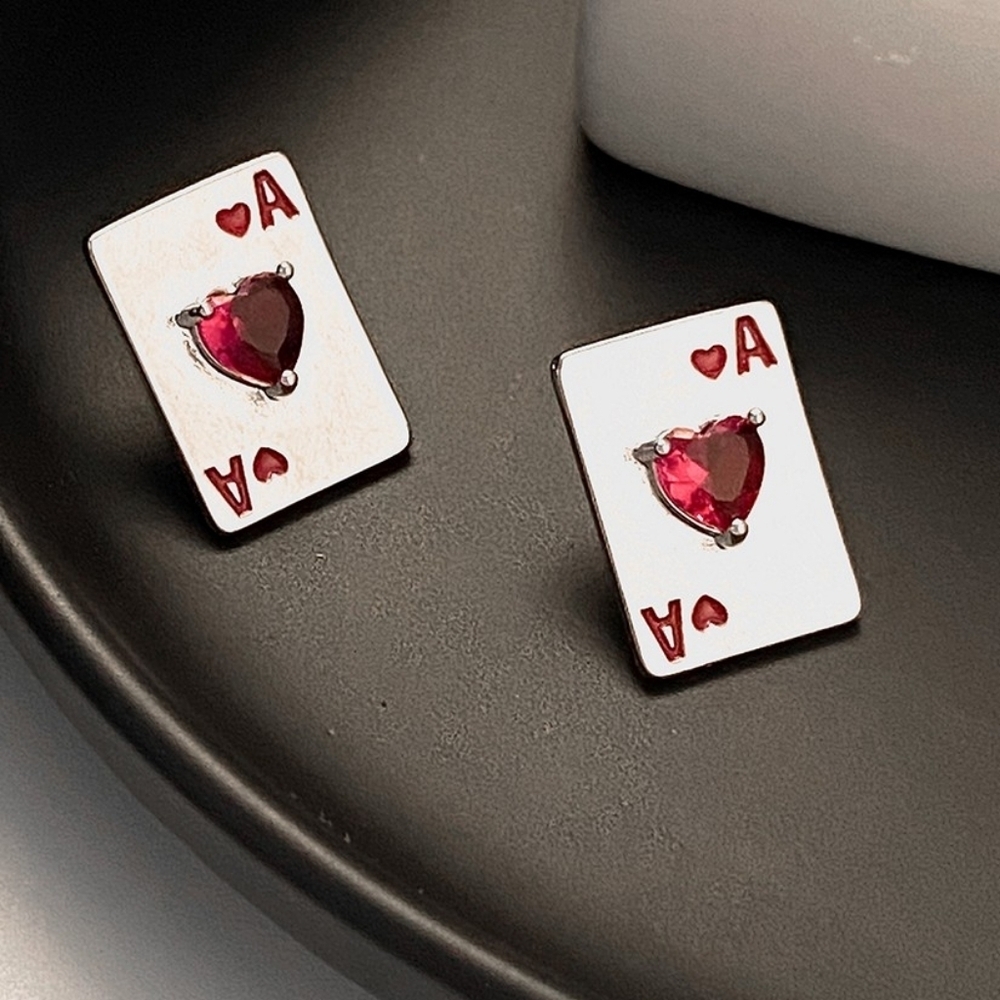 Silver Playing Card Stud Earrings Ace Of Hearts